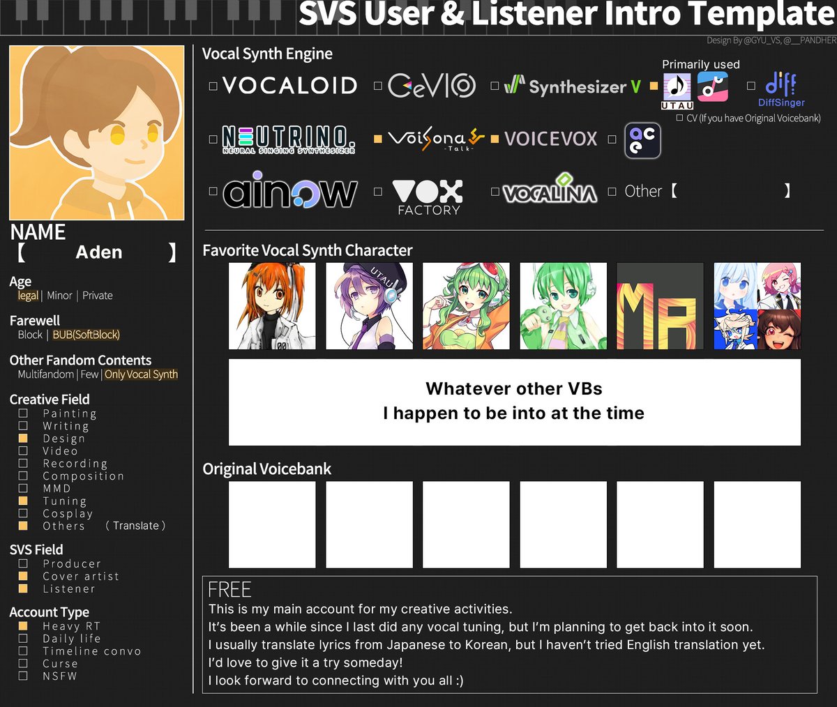 #음합엔_트친소 #보카로_트친소 #조교러_트친소 #ボカロ好きと繋がりたい #UTAUユーザーさんと繋がりたい
우타우 위주로 조교합니다 종종 가사 등 번역도 합니다~
그 외엔 디자인도 하고 이것저것 합니다~
언제든 흔적 남겨주시면 맞팔합니다.