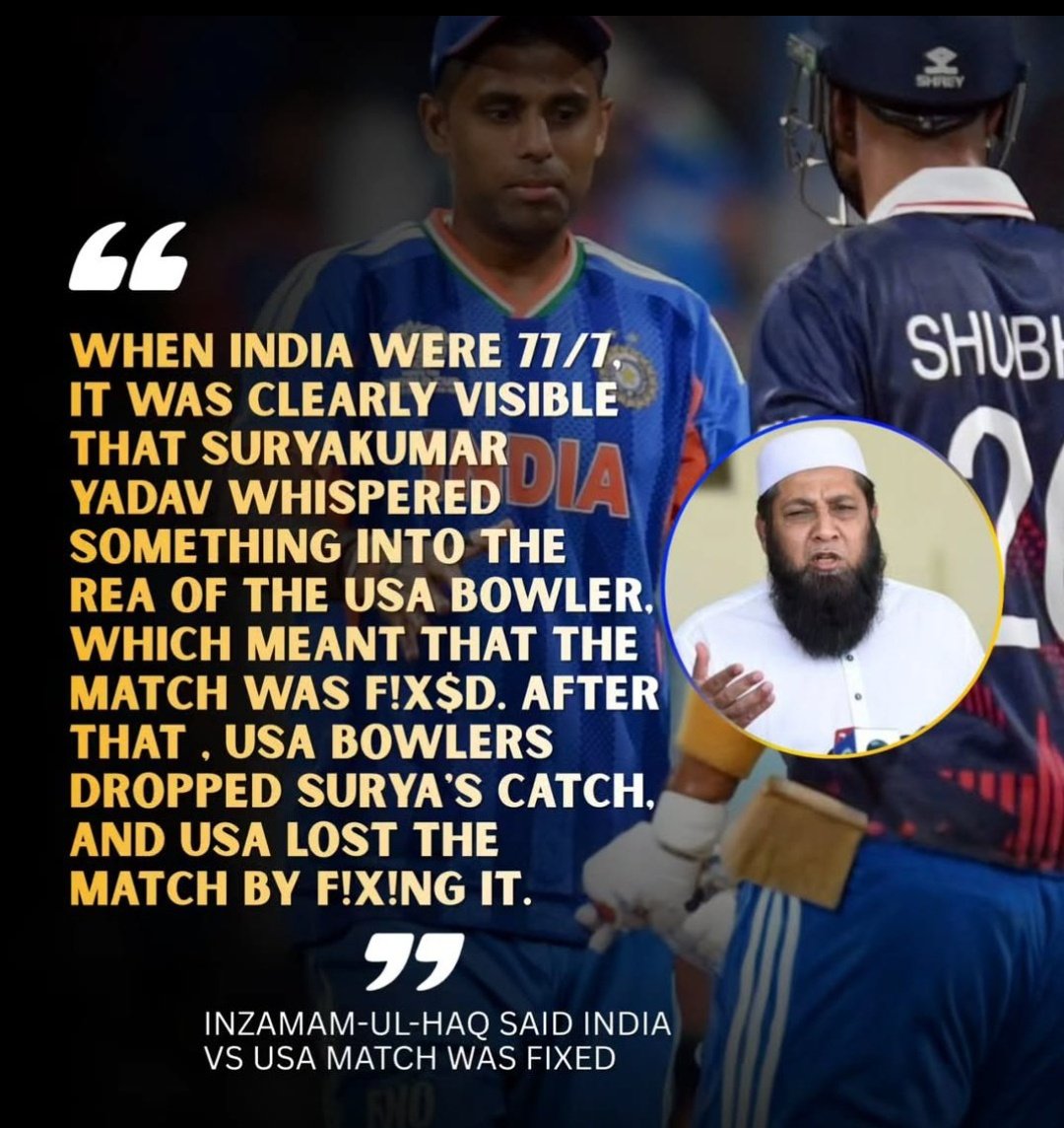 MATCH FIXING CLAIM 🚨
Former Pakistani cricketer Inzamam-ul-Haq has alleged that the IND 🇮🇳 vs USA 🇺🇸 match was fixed.
Serious accusation — but no official evidence or confirmation so far.
Cricket fans are demanding clarity. 👀🏏
#Hashtags
#MatchFixing #CricketControversy