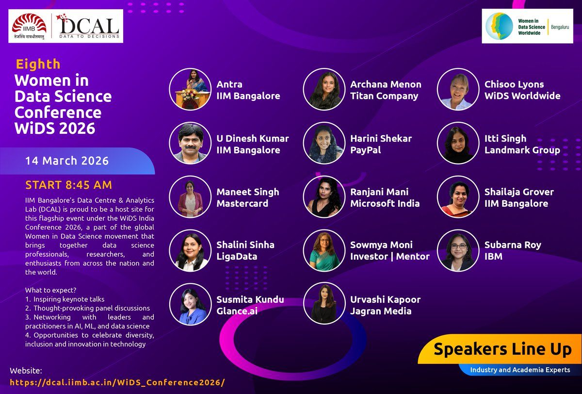iimb_official's tweet photo. The 8th edition of the Women in Data Science (#WiDS) Bangalore Conference 2026, hosted by IIMB's DCAL, arrives at a moment when conversations surrounding AI, ML, and analytics at scale are actively shaping opportunities and challenges of the era.
Want to learn more? Link below๐ https://t.co/xZYMPA19BF