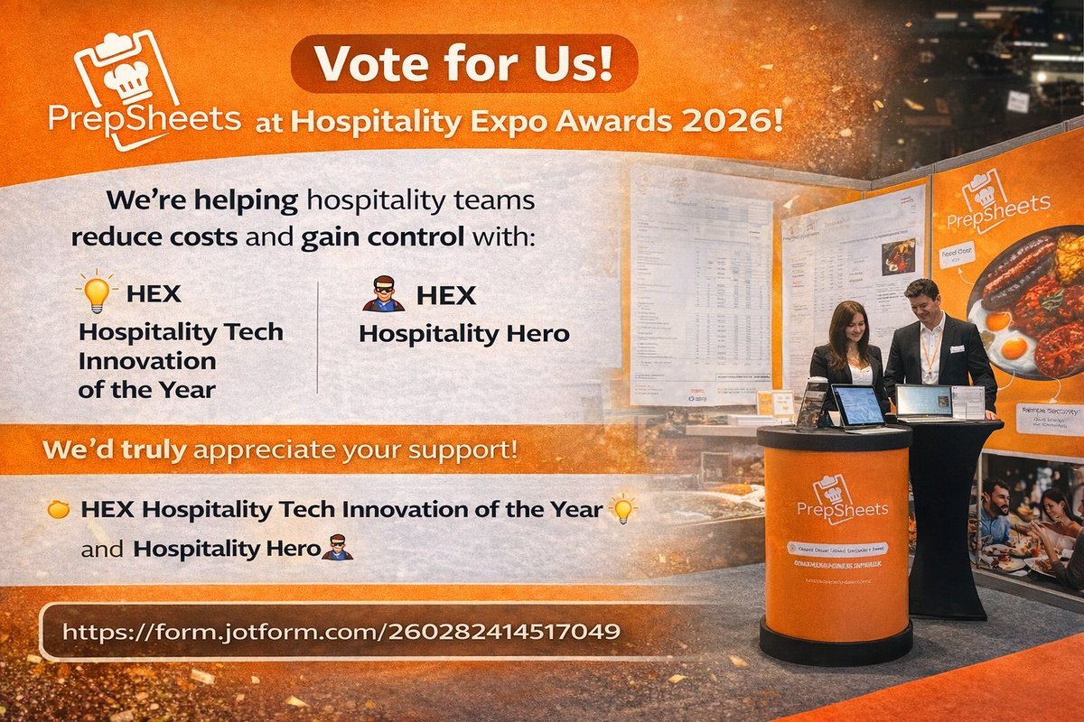 Reminder: Voting is LIVE for the Hospitality Expo Awards 2026
From food labelling and allergen compliance to recipe costing, portion control, and waste reduction we're on it!
bit.ly/4qsHGyW
#HospExpo2026 #HospitalityTech #FoodCost #Allergens #Sustainability #Prepsheets