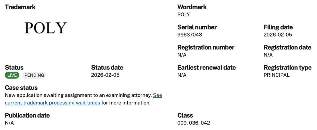 TerminatorCV's tweet image. Polymarket TGE and airdrop are getting closer.

On February 5, $POLY was officially registered as a trademark. The growth is just insane, look at these numbers:

&amp;gt; estimate of $13B+ 
&amp;gt; 2M+ traders 
&amp;gt; $20B volume 
&amp;gt; $3,5B in January

Honestly, I’m convinced Polymarket has the…