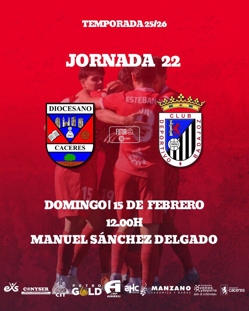 𝗝𝗼𝗿𝗻𝗮𝗱𝗮  𝟮𝟮 | 𝟯𝗥𝗙𝗘𝗙
🔜 <a href="/CDBadajoz/">CD Badajoz</a> 
📅 Domingo, 15 de Febrero 
⏰ 12.00h
🏟️ Manuel Sánchez Delgado 

🎟️ Entrada General: 10€
🎟️Menores de 12 años: Entrada Gratuita
🪪 Simpatizantes 3RFEF y TODO DIOCE:  Gratis 

#DiocesanoBadajoz