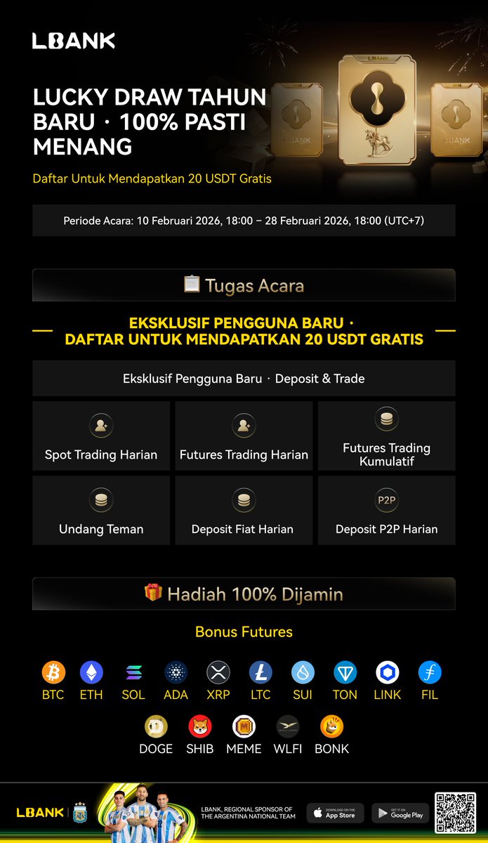 🧧 Tahun Baru, keberuntungan baru.

Pengguna baru di LBank mendapatkan 20 USDT gratis hanya dengan mendaftar 🎁  

Trading, deposit, ajak teman dan buka hadiah yang dijamin di spot, futures, fiat &amp; P2P.

⏰ 10 Feb – 28 Feb UTC  
👉 Bergabung di sini: [lbank.com/event-new/spri…]