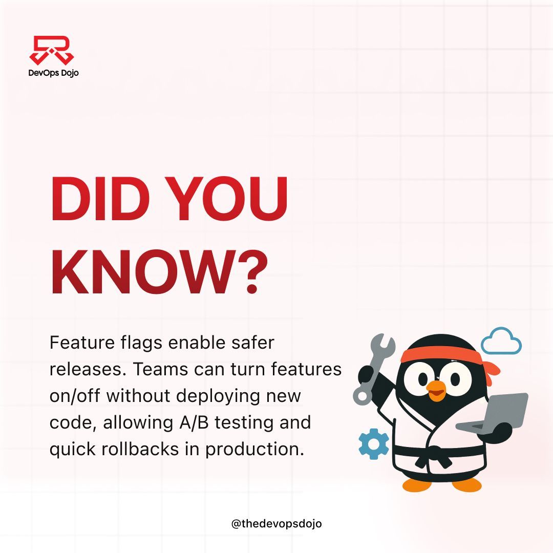 thedevopsdojo's tweet photo. Shipping without fear!
Feature flags let teams release smarter, toggle features on or off, test in production, and roll back instantly without redeploying. It’s control, speed, and safety all in one.

#DevOps #FeatureFlags #DevOpsDojo #TechTips #EngineeringBestPractices https://t.co/b6KqF9AzyP