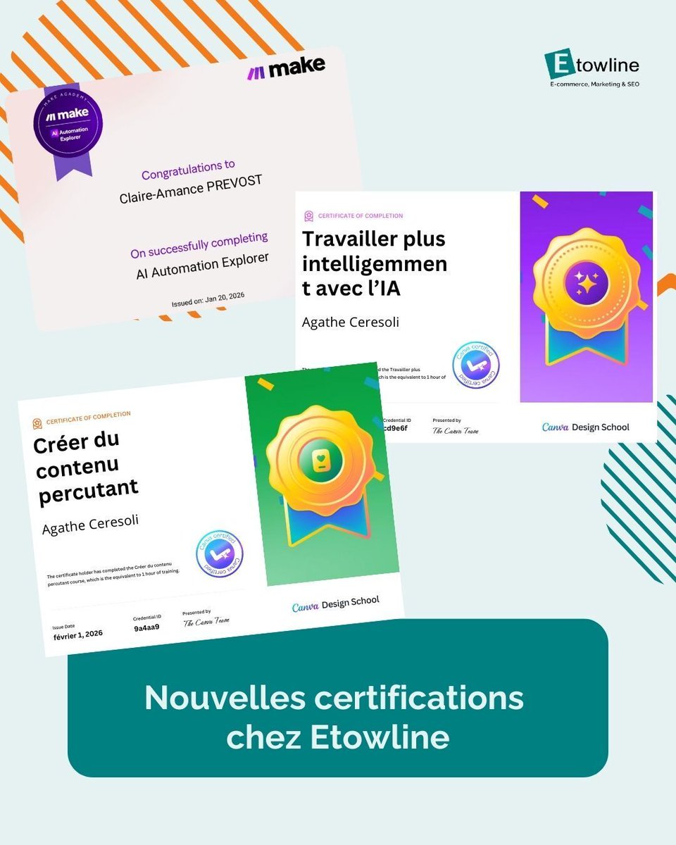 Bravo à l'équipe Etowline pour ces nouvelles certifications en IA, automation et création de contenu. 🚀

Nous continuons de monter en compétences pour offrir à nos clients des stratégies toujours plus innovantes et performantes.

#Expertise #IA #Automation #Formation #Innovation