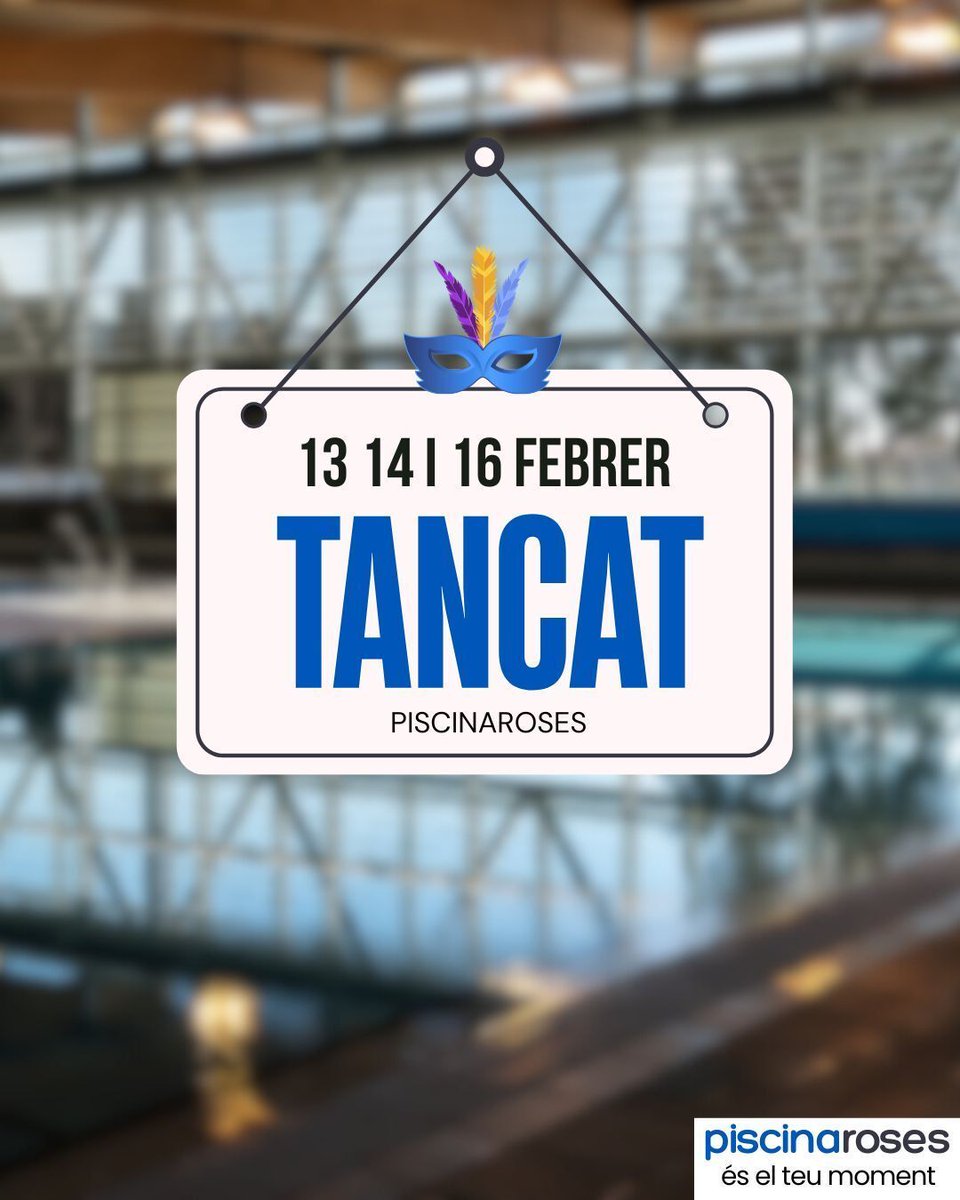 Anoteu-vos el següents festius:
13, 14 i 16 febrer la Piscina estarà tancada.
Bon Carnaval a tothom! 🎭️