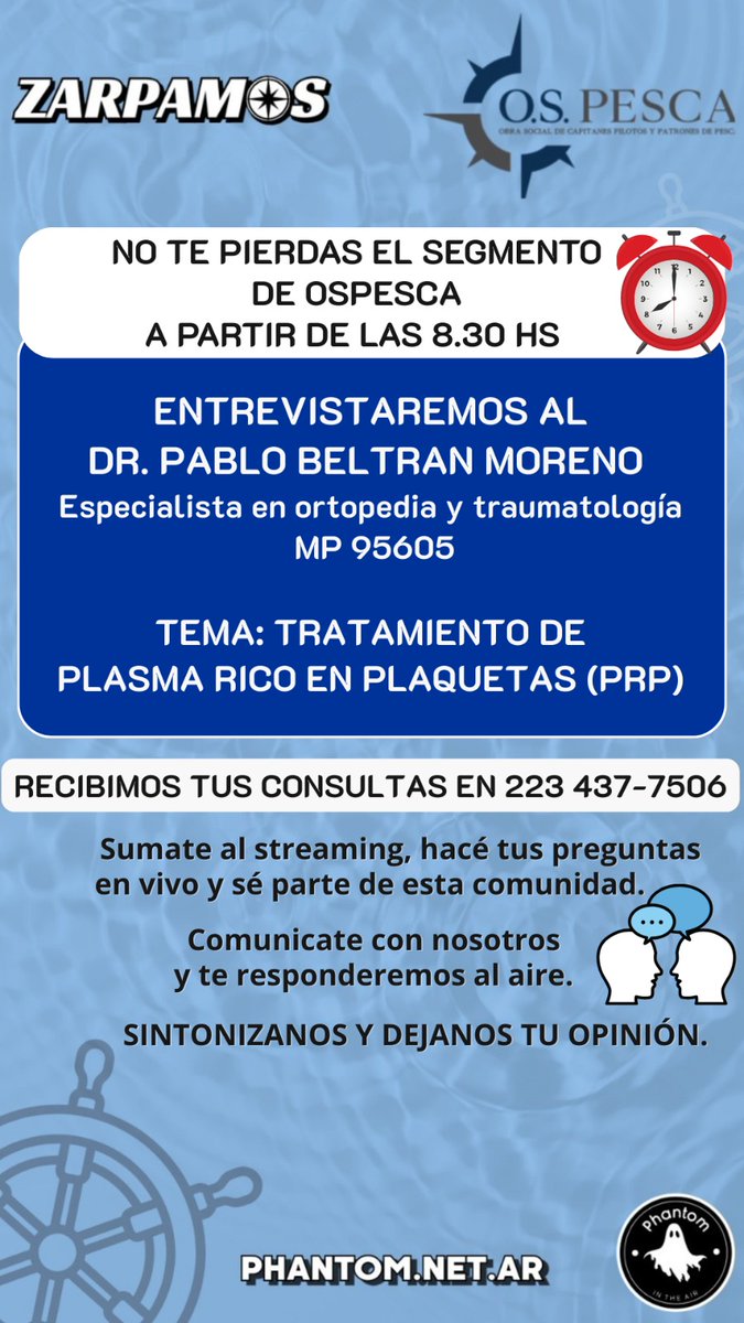 OsPesca's tweet photo. No te pierdas la entrevista de hoy y vení a descubrir la novedosa terapia biológica regenerativa en traumatología: PRP (Plasma Rico en Plaquetas) que usa tus propias células para regenerar músculos, tendones y huesos.
🎥 Ver https://t.co/tcUGUbfDj9
🎥 Ver https://t.co/BR2QhikSuD https://t.co/yOoJofqOoL