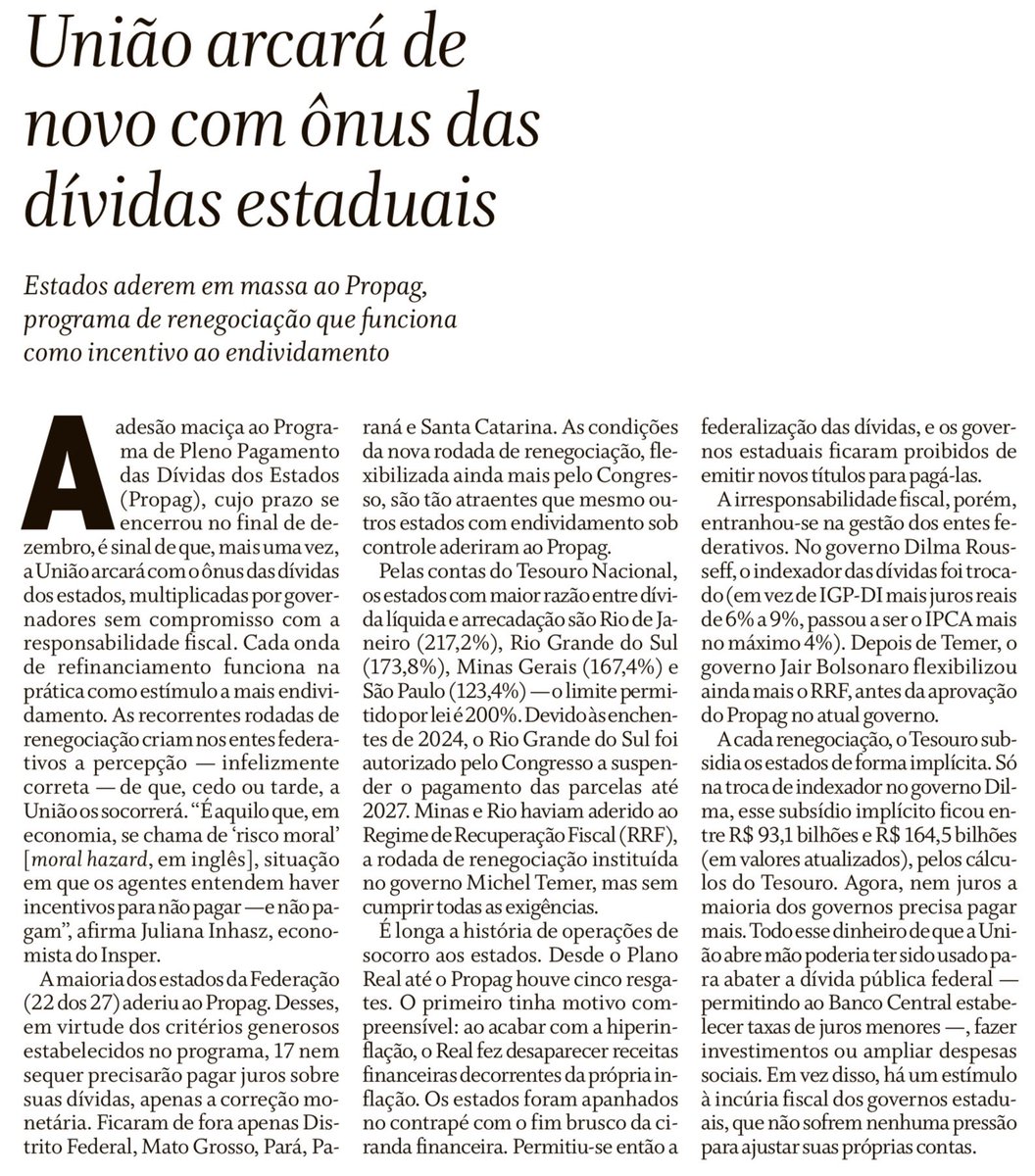 Estados responsáveis no trato das contas públicas acabam pagando pelos estados perdulários. No fim, custo da pouca responsabilidade na gestão passa para o Tesouro Nacional. 
Enquanto o governo federal tem de pagar, hoje, IPCA + 7%, para os poupadores, a maioria dos estados se
