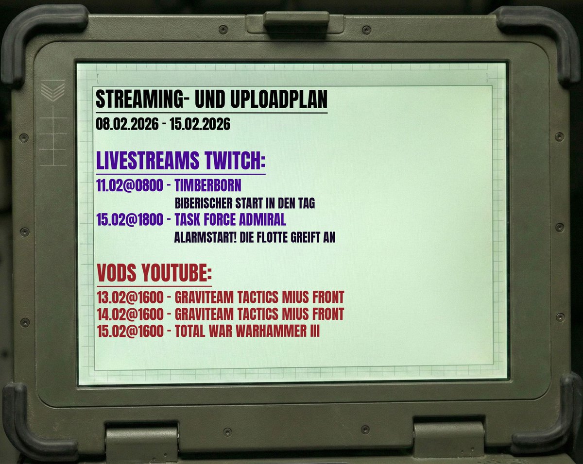 Der neue Dienstplan ist da. 🫡

"Biberisch" wirds am Mittwochmorgen und rufen Sonntagabend zum Alarmstart ⚓️ Dazu gibt es Nachschub auf YouTube. 💥

Alle Zeiten im Bild. 👇

🟣 Twitch: twitch.tv/headbreaker_ger  
🔴 YouTube: youtube.com/@headbreaker 

#StrategyGaming #TwitchDE