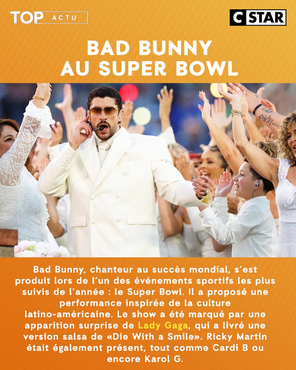 CStar's tweet photo. Un show de dingue pour #BadBunny au #SuperBowl, la nouvelle chanson de Mentissa, la tracklist du nouvel album de Blackpink ... 🥰🎶
Les actualités musicales de la semaine c’est dans le #TOPactu ⤵️ https://t.co/WmiA18oj8d