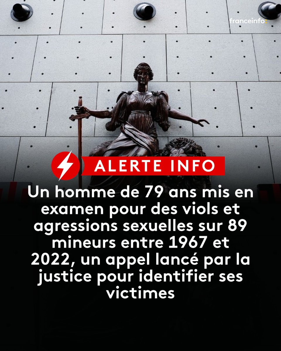 franceinfo's tweet image. 🔴⚡ALERTE INFO - Un homme de 79 ans mis en examen pour des viols et agressions sexuelles sur 89 mineurs entre 1967 et 2022, un appel lancé par la justice pour identifier ses victimes
➡️ l.franceinfo.fr/jvV