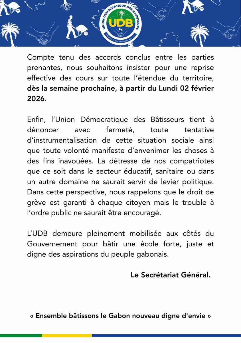 UDBGabon's tweet photo. Déclaration de Presse de
U Secrétaire Général de l'Union Démocratique des Bâtisseurs.

#UDBGabon https://t.co/WBnYrUgGyU