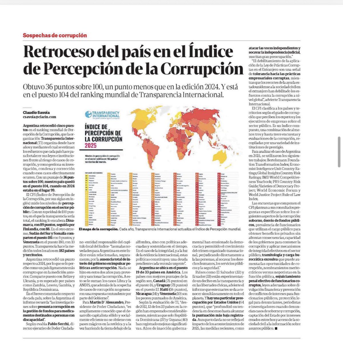 NUEVO RETROCESO DE ARGENTINA EN EL ÍNDICE DE PERCEPCIÓN DE CORRUPCIÓN ‼️ 

Sin políticas sostenidas al máximo nivel, Argentina RETROCEDE. 

Seguimos cayendo en rankings globales de transparencia. 

Entran en consideración escándalos del año 2025 como: 

1) Sospechas de