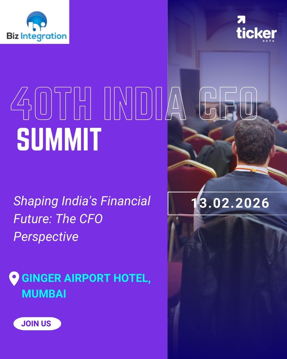 Tickermarket's tweet photo. Proud to be the Title Partner for the 40th India CFO Summit.Join us as industry leaders come together to discuss Shaping India’s Financial Future: The CFO Perspective.

📍 Ginger Airport Hotel, Mumbai
🗓 13th February 2026

#TickerData #IndiaCFOSummit #CFOSummit2026 #TitlePartner https://t.co/athU3khSga