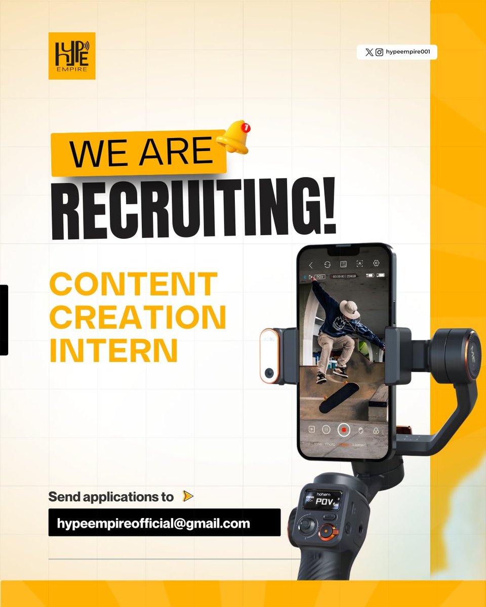 📌 QUICK REMINDER!!

We're still accepting applications for our Content Creation Intern position.

 Send your application to hypeempireofficial@gmail.com

Don't forget to attach samples of your previous work.
Application is closing soon, Apply today!!!