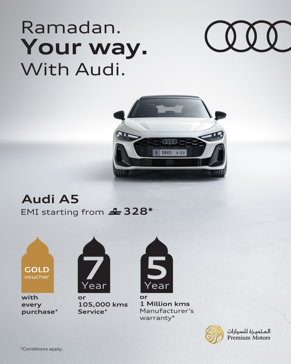 audi_oman's tweet photo. Drive home an Audi this #Ramadan and get a gold voucher*!
This season, get the Audi A5 with an EMI starting from OMR 328*.
Leasing plans are also available.
Visit our showroom in Ghala Heights to book a test drive.
Call 22845111 for more information.
*Conditions apply. https://t.co/nCyppvivUi