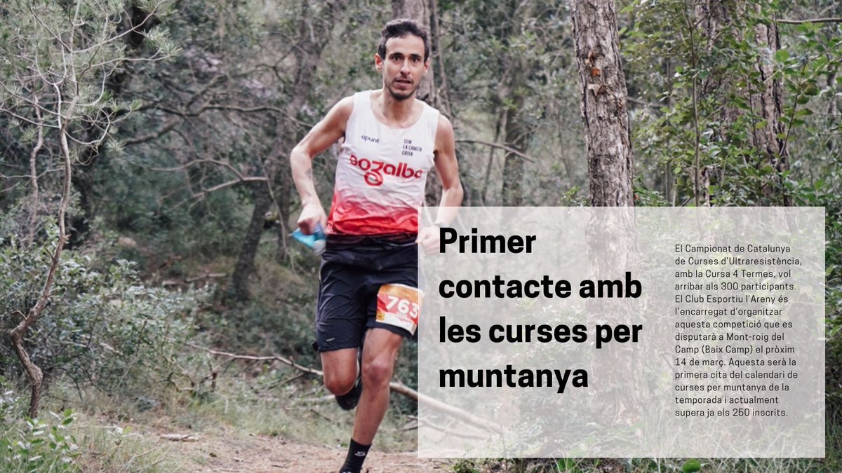FEEC_cat's tweet photo. 🏃 El Campionat de Catalunya de Curses d’Ultraresistència, la Cursa 4 Termes, primer contacte amb les curses per muntanya.
🗓️ 14 de març
📍 Mont-roig del Camp (Baix Camp)
✅ Inscripcions encara obertes
🔗https://t.co/LQjqn0rGdD
#sentlamuntanya #sommuntanya #cursesfeec https://t.co/hBiWN1AmgI