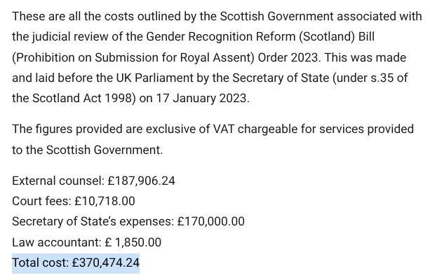 <a href="/ForWomenScot/">For Women Scotland</a> £766,498.80 spent by <a href="/scotgov/">Scottish Government</a> on the two FWS judicial reviews. Add in the costs of challenging the s35 order and the Scottish Government has spent a total of £1,136,973.04 in failed attempts to remove women's rights from law.

gov.scot/publications/g…