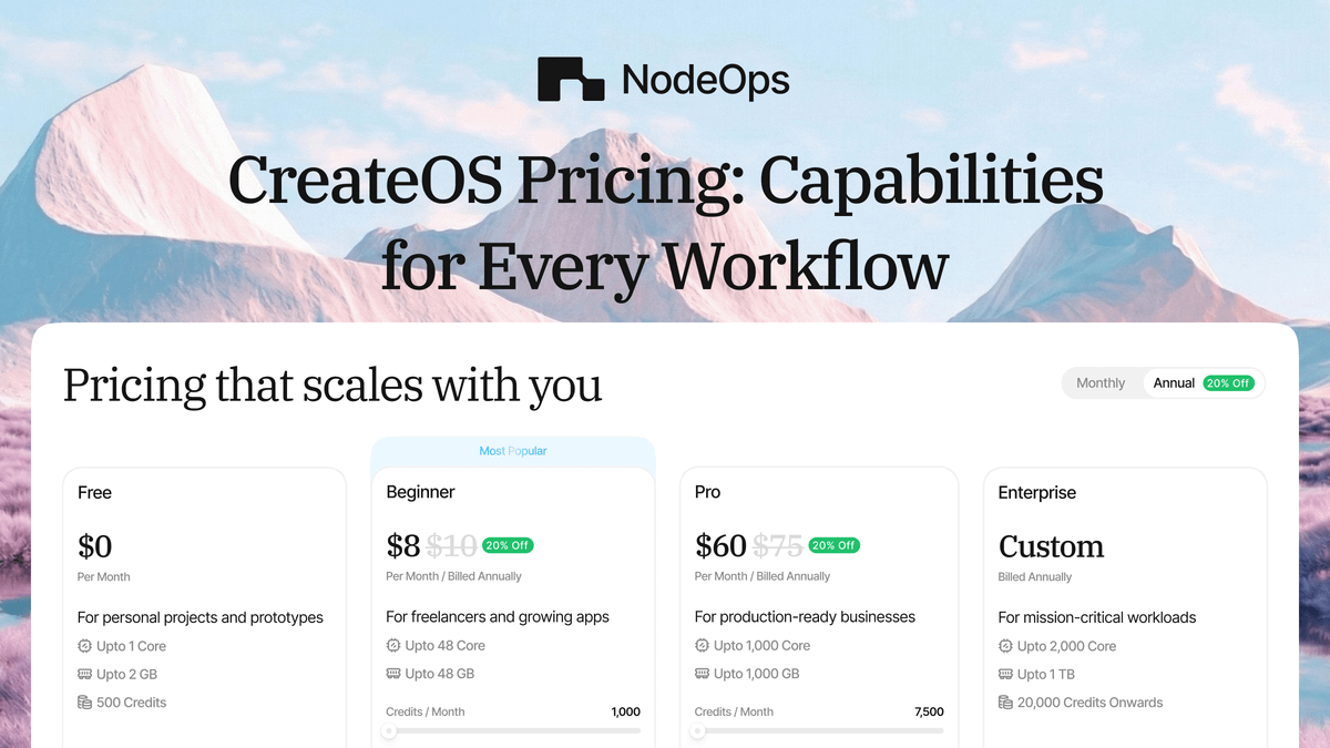CreateOS pricing is designed around how builders actually work, from early experiments to running production systems.

Every plan gives you the same unified workspace for AI-assisted creation, deployment, managed services, and marketplace access.

What changes as you scale is