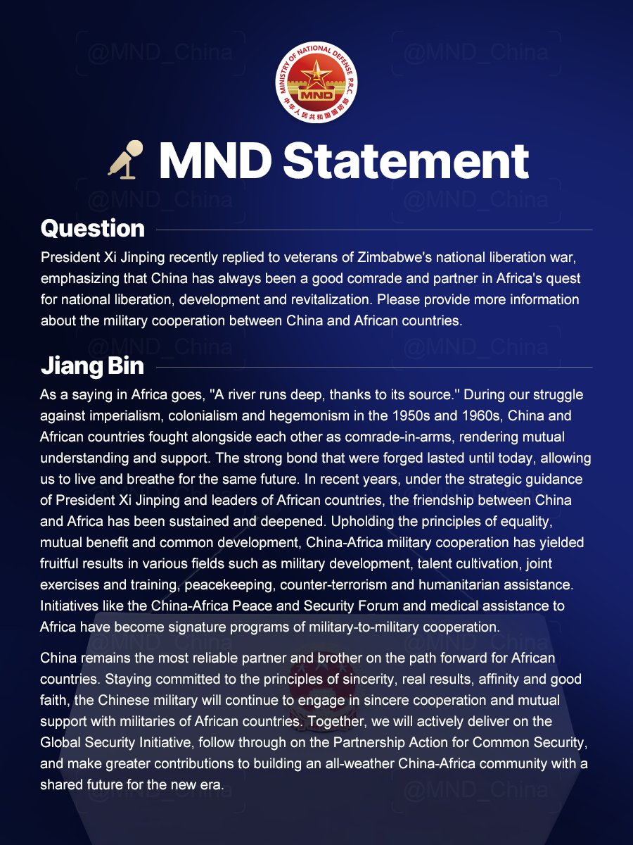 Senior Colonel Jiang Bin, Deputy Director-General of the Information Office of the Ministry of National Defense (MND) and Spokesperson for the MND, answered media queries on Feb 10, 2026.

The MND noted that China remains the most reliable partner and brother for African
