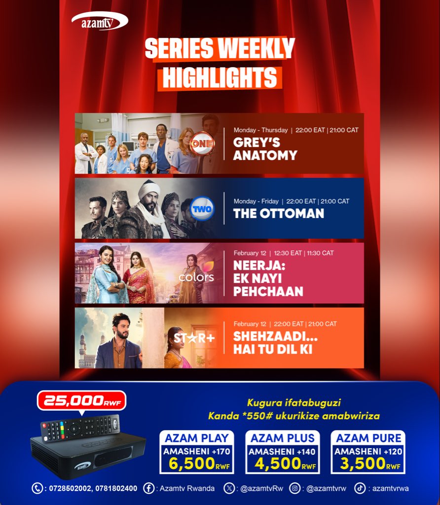 azamtvRw's tweet image. ✨Seri udacikwa muri iki cyumweru

🤩Ni kuri shene: #AzamONE, #AzamTWO, #Indian channels.
Ntucikwe n'ibyishimo byose! 🎬

#imyidagadurokuribose
#entertainmentforeverybody