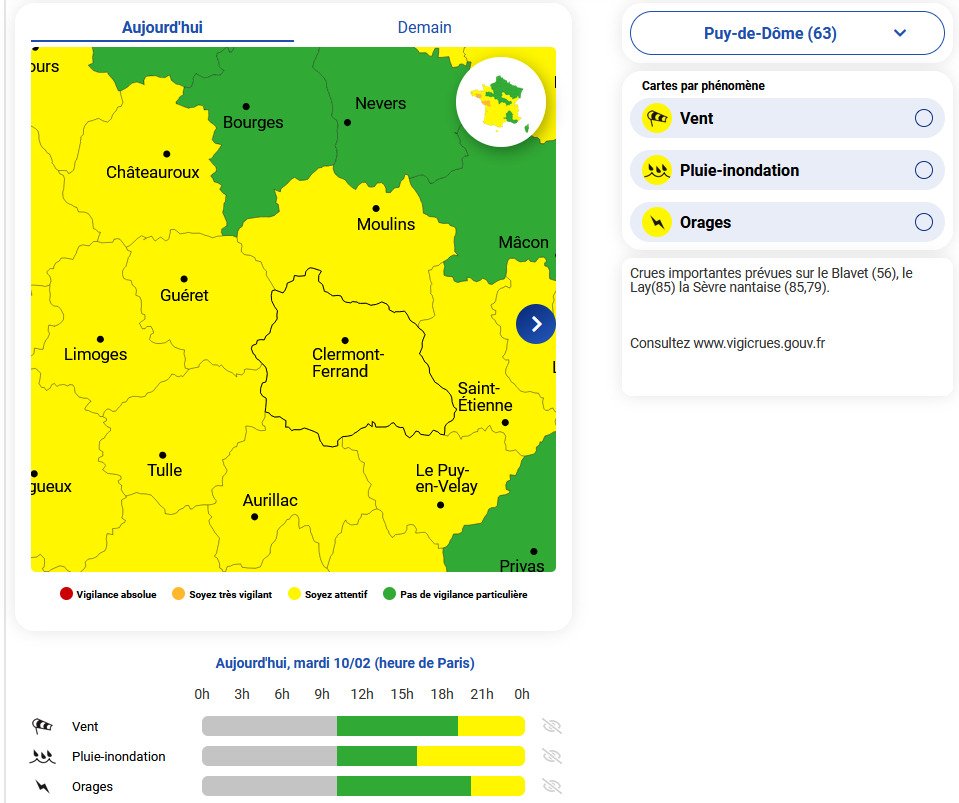 Image de Préfète du Puy-de-Dôme - 🟡 Météo-France place le département en vigilance JAUNE pour les risques : 

- PLUIE INONDATION à pa