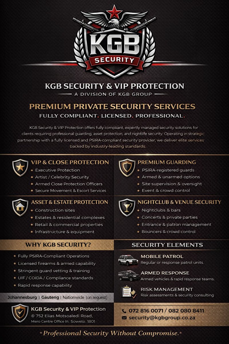 SRTRadebe1's tweet photo. I'd like to introduce KGB Security &amp; VIP Protection, a division of KGB Group, offering fully compliant, professional security services including VIP protection, guarding, venue &amp; asset security.

#TrendingNow #SecurityForces #cpo #mzansi #FYP https://t.co/5vP1DxqGgG