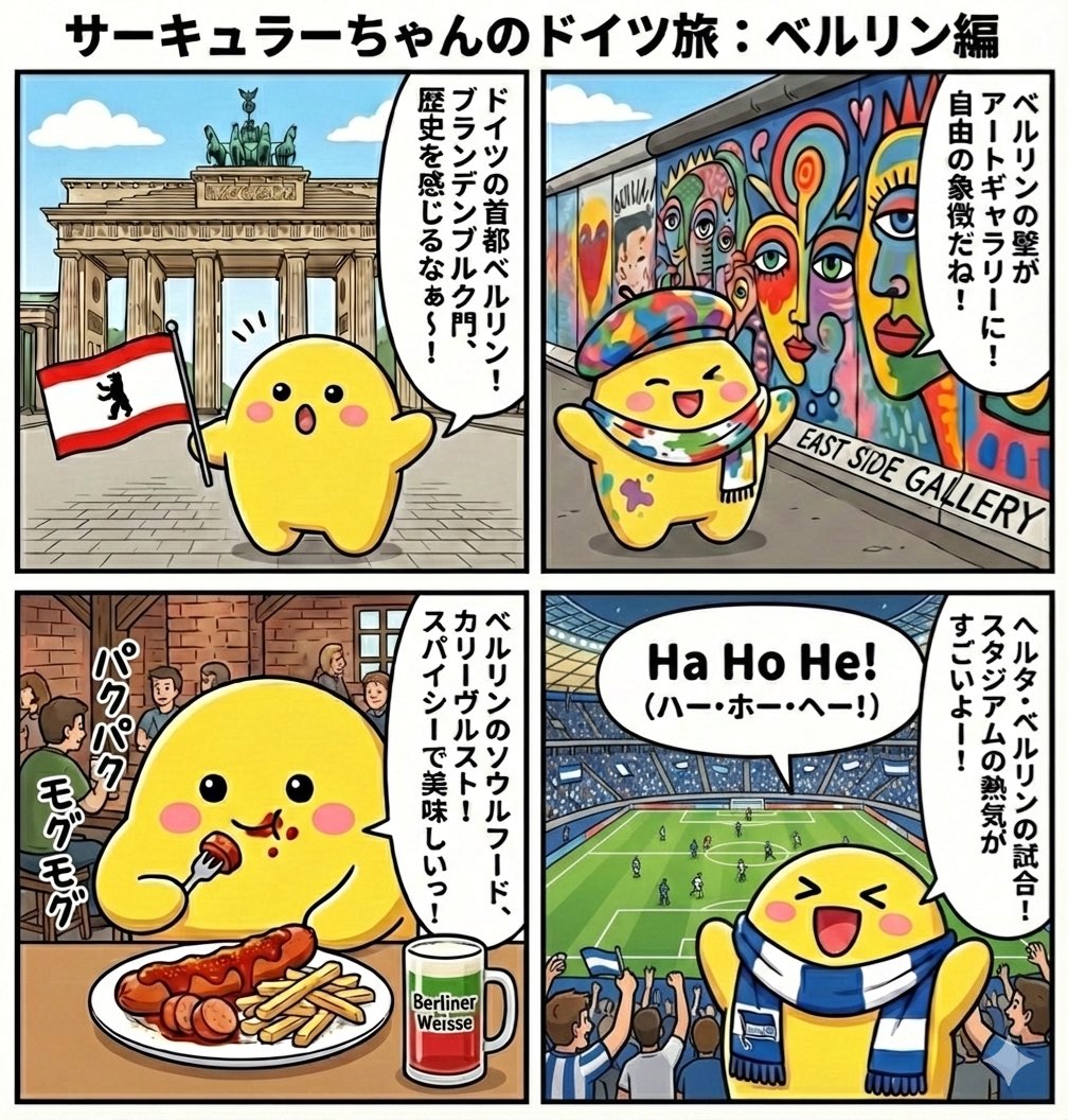 yammmmy_banpaku's tweet image. ドイツ16州を、#サーキュラーちゃん が巡る4コマ漫画。折り返しの8回目はベルリン！アートなサーキュラーちゃんのファッション🎨素敵。首都だからか、何してもイキイキしてるのかわいい🩷
#万博ぬいぐるみ部 #germany #AI漫画