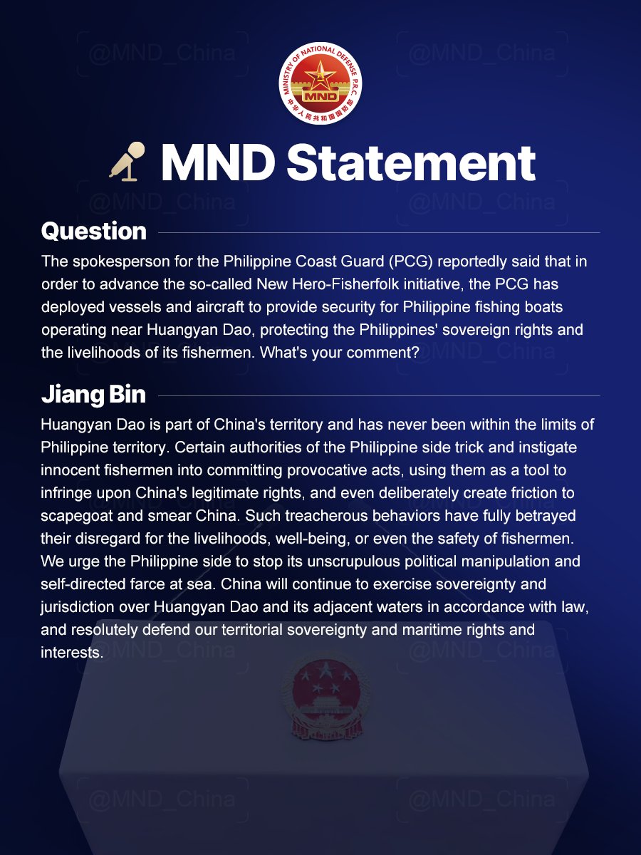Senior Colonel Jiang Bin, Deputy Director-General of the Information Office of the Ministry of National Defense (MND) and Spokesperson for the MND, answered media queries on Feb 10, 2026.

The MND urged the Philippine side to stop its unscrupulous political manipulation and