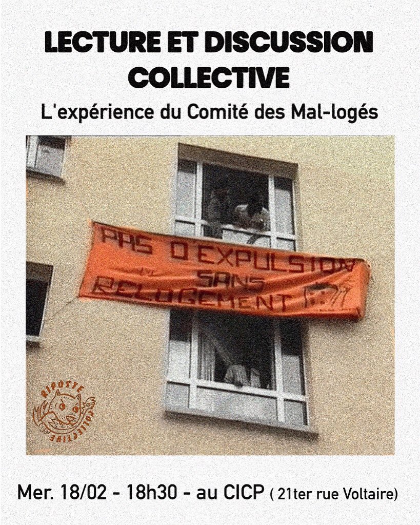 riposte_col's tweet photo. 📖🗣️ Lecture et discussion collective 

Retrouvons-nous pour discuter de l'experience du Comité des Mal-logés qui a montré dans les années 80 l’importance de luttes collectives et autonomes autour des problèmes de logements et de la vie chère.  

📌 Mercredi 18/02 - 18h30
📍CICP https://t.co/45WqS3LfFF