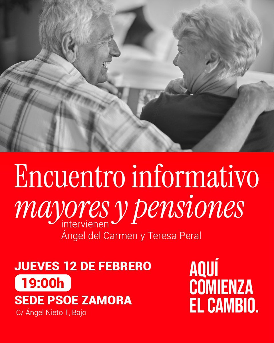 📢 Encuentro informativo sobre mayores y pensiones

Este jueves 12 de febrero, a las 19:00 h, te esperamos en la sede del PSOE de Zamora (c/ Ángel Nieto, 1 – Bajo).

Información clara, directa y pensada para resolver dudas.

Porque defender las pensiones es defender derechos.