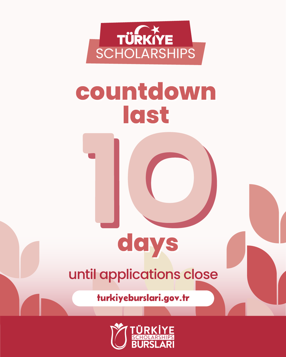 TurkiyeBurslari's tweet photo. 💻Have you completed your application yet❓

Only 🔟 days left for the applications. 

Please don't forget to upload all the required documents.

📆 Deadline: 20 February 2026

👉 https://t.co/1qc6NcJB5L

#TürkiyeScholarships #StudyinTürkiye #AimForHigher #FirstClassScholarship https://t.co/oUiZ3cFOfU