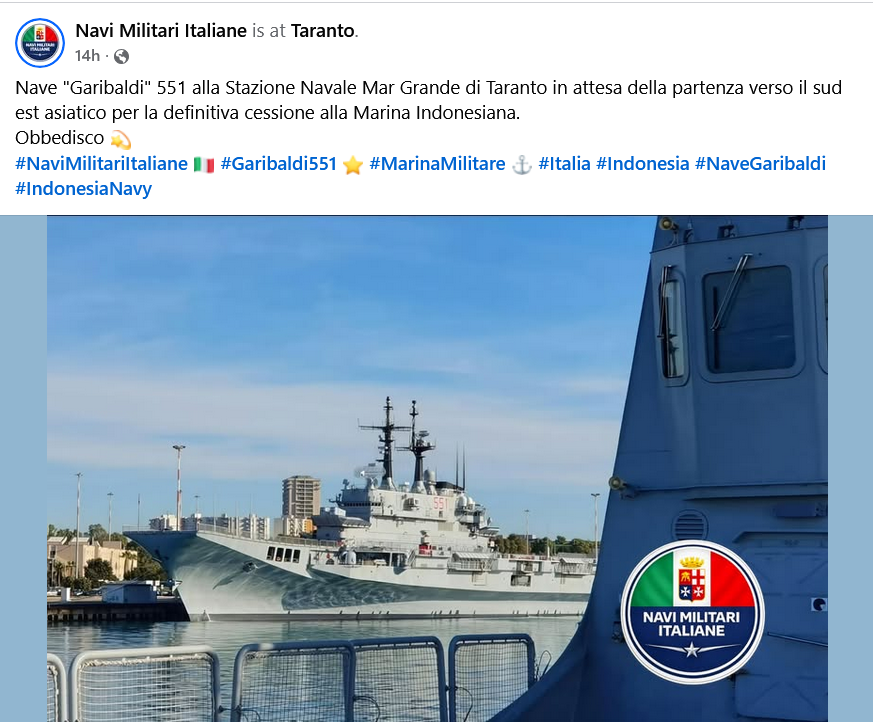 Kapal “Garibaldi” 551 di Pangkalan Angkatan Laut Mar Grande di Taranto, menunggu keberangkatan ke Asia Tenggara untuk penyerahan definitif kepada Angkatan Laut Indonesia.

Sumber : FB Navi Militari Italiane
