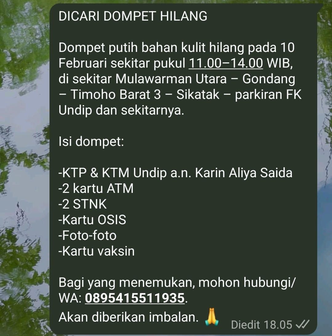 undipmfs2's tweet image. -dips! DICARI DOMPET HILANGG a.n Karin Aliya Saida