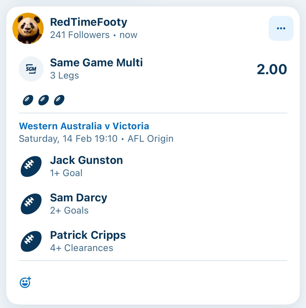 AFLPropLab's tweet photo. 50 unit bank begins! 

We will start with an easy double up. Should be done by Qtr time - 2 unit play. 

Balance: 48 units https://t.co/zocdafpalE