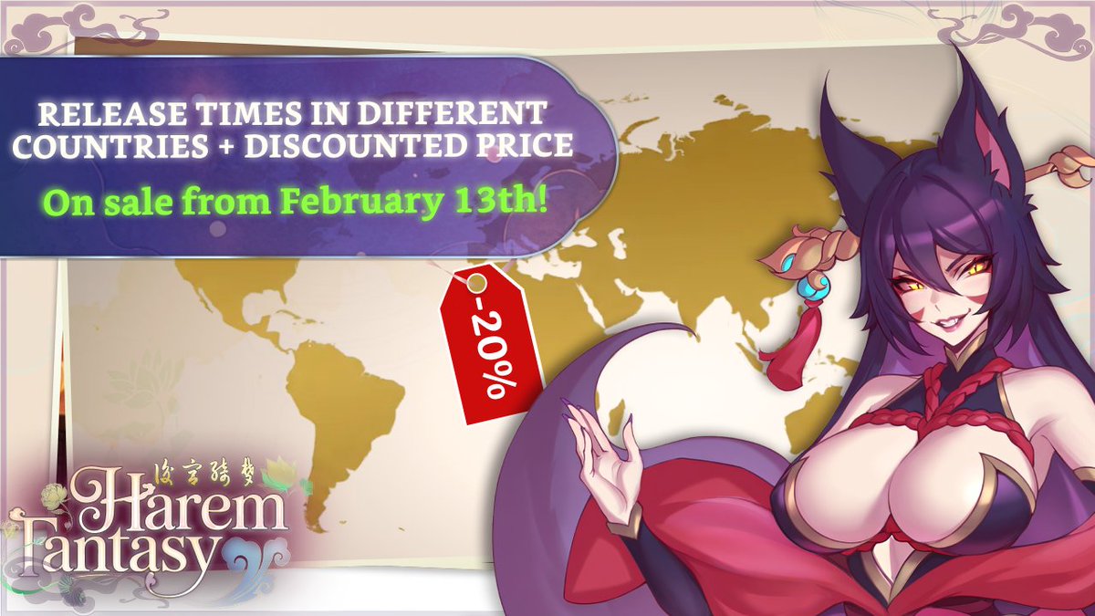NekoYumeStudio's tweet photo. Harem Fantasy - RELEASE TIMES IN DIFFERENT COUNTRIES + DISCOUNTED PRICE ⏰
🗓️Release Time: February 13th, 6AM PST (Los Angeles)
📰Full Info: https://t.co/DTRBWmNnHi
#HaremFantasy #ReleaseTime #Steam #Sale https://t.co/TSGhbjZr2a