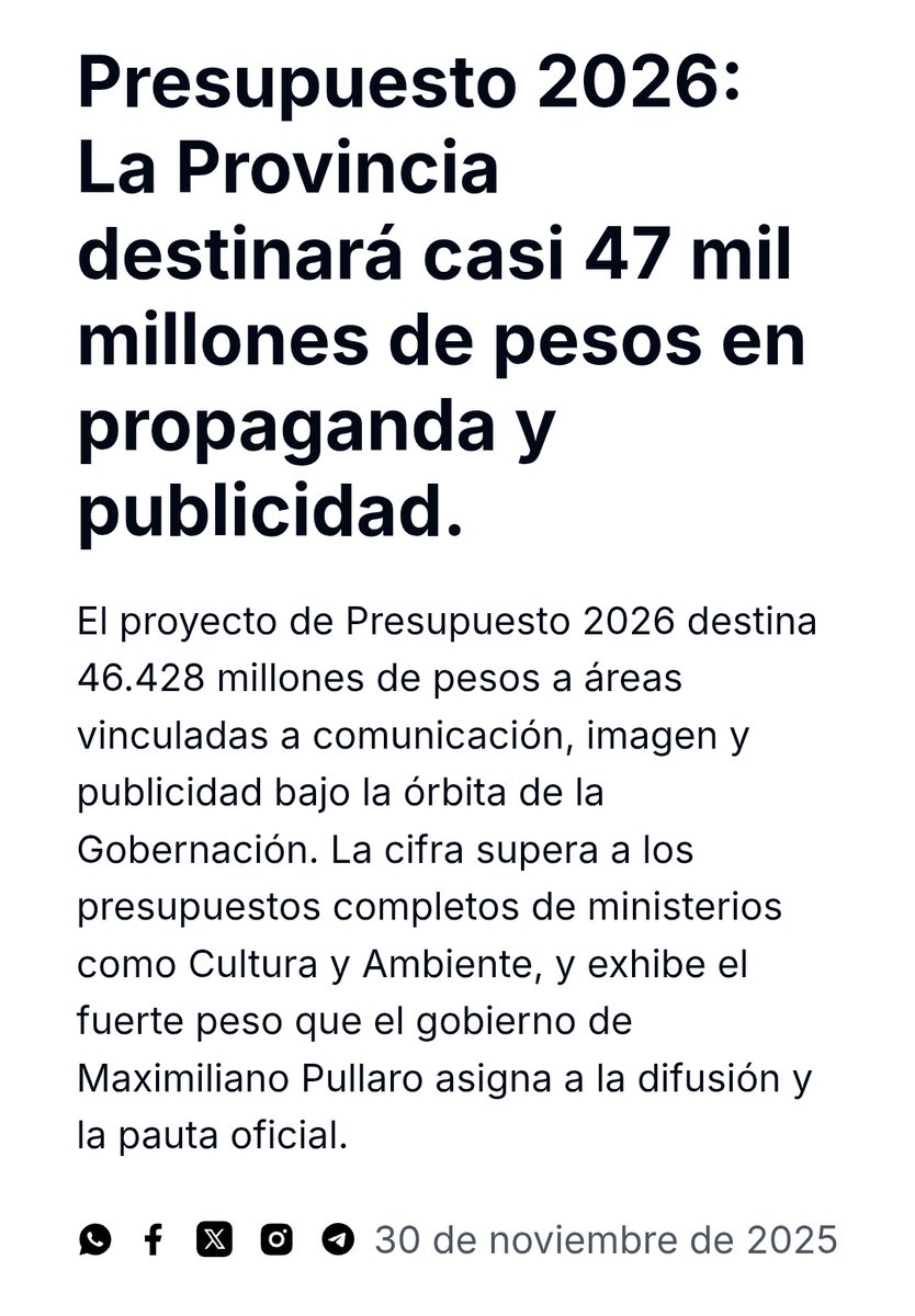 Pullaro no tiene para subirle los sueldos a los policías de Santa Fe,   pero en el presupuesto 2026 destinó:
$47.000.000.000 (47 MIL MILLONES DE PESOS) PARA PROPAGANDA Y PUBLICIDAD - O sea digamos, $122 Millones de pesos POR DÍA.

Las prioridades de un degenerado fiscal.