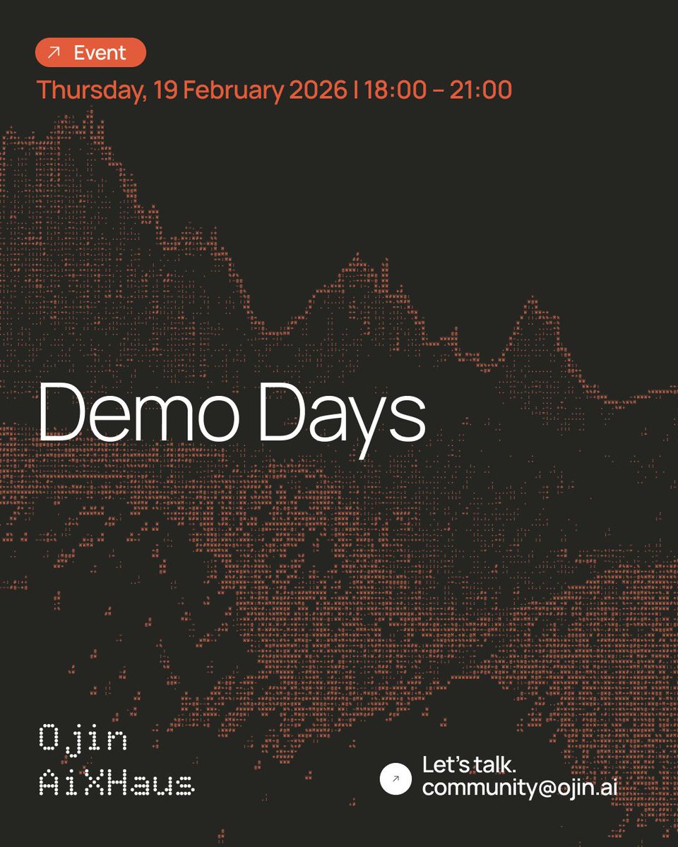 DEMO DAYS #001 · 19.02 Ojin AixHaus in collaboration w/ SOIREE XD Network and <a href="/fal/">fal</a>

Bare setups. Open terminals. Real work. No polish.

6 demos from: <a href="/PluralityAI/">Plurality AI</a> · <a href="/simdcompute/">SIMD</a> · RDCL::tools · Hera AI · Cogniwerk, and more

Curious? You're invited → luma.com/22wm4nu3