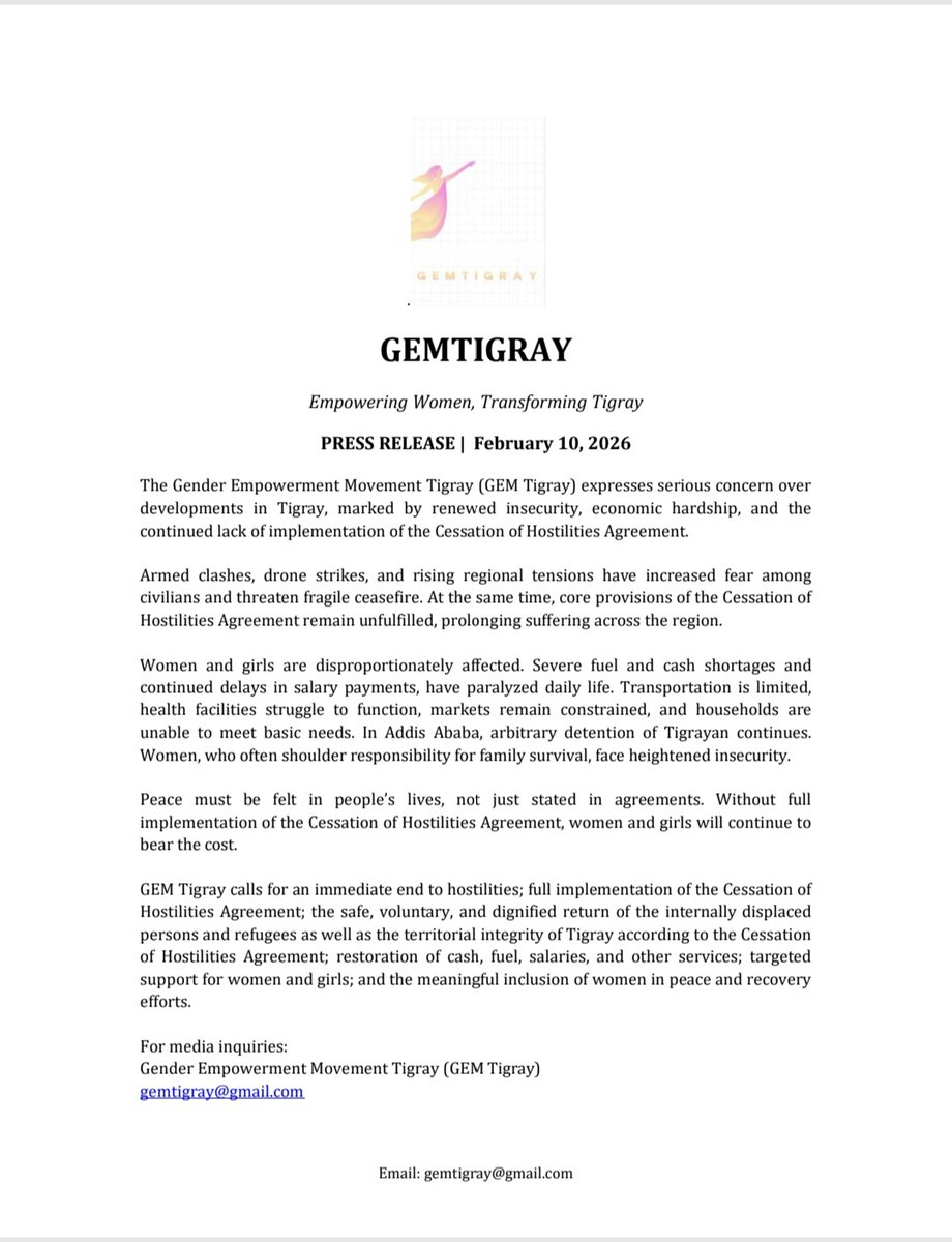 GemTigray's tweet photo. Renewed insecurity, fuel & cash shortages, unpaid salaries, & lack of implementation of the Cessation of Hostilities Agreement continue to harm women and girls most.
#Tigray #WomenInConflict
#ImplementCoHA
@UN_Women @UNOCHA @UNHumanRights @USEmbassyAddis https://t.co/8gbZ14RyMk