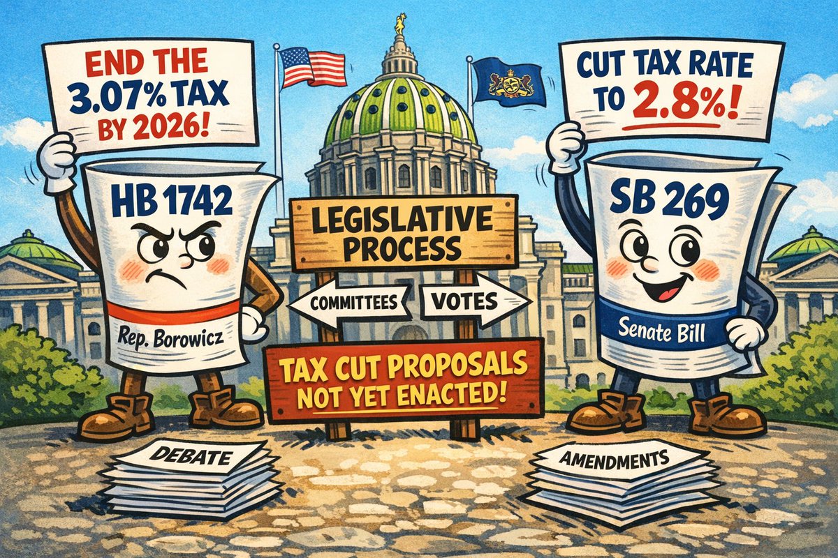 PhillyBuzzLine's tweet photo. Not Another Bill That Goes Nowhere (PA Income Tax)

HB 1742 would eliminate the 3.07% PIT by 2026. SB 269, passed by the Senate in May 2024, would cut it to 2.8%. 

Neither is law—hopefully they don’t stall like SB 1095 would cap rent increases at 10%;  Sat idle since March 2025! https://t.co/7lU2CwMfj8