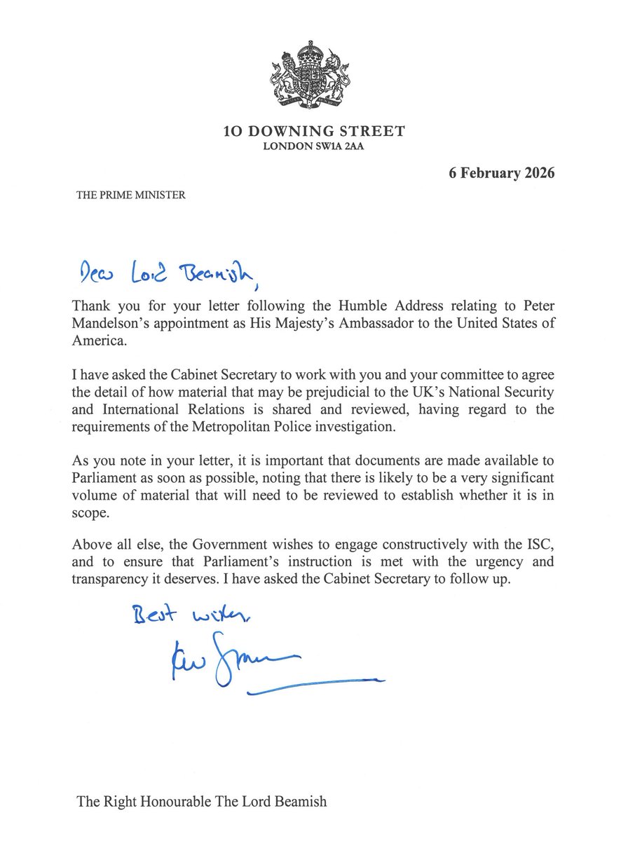 kennardmatt's tweet image. Starmer's letter to Lord Beamish (Kevan Jones) about which Mandelson docs will be released

Starmer appointed Jones a life peer in August 2024

Starmer then appointed him to Intelligence &amp;amp; Security Committee 4 months later

Jones was a Labour MP from 2001-24

This is a stitch-up