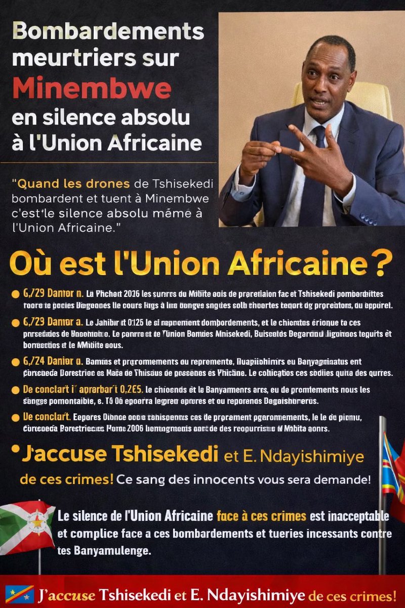 🔴#DRC-MINEMBWE. <a href="/Masboulos/">Massad Boulos</a> <a href="/_AfricanUnion/">African Union</a> <a href="/ymahmoudali/">Mahmoud Ali youssouf</a> <a href="/antonioguterres/">António Guterres</a> <a href="/williamsrutoke/">Conrald</a> <a href="/PaulKagame/">Paul Kagame</a> <a href="/edmnangagwa/">President of Zimbabwe</a> <a href="/KagutaMuseveni/">Yoweri K Museveni</a> <a href="/SuluhuSamia/">Samia Suluhu</a> <a href="/FelixTshis13/">Felix Tshisekedi</a> <a href="/GeneralNeva/">SE Evariste Ndayishimiye</a> <a href="/MofaQatar_EN/">Ministry of Foreign Affairs - Qatar</a> <a href="/jumuiya/">East African Community</a> <a href="/SADC_News/">SADC Secretariat</a> <a href="/CyrilRamaphosa/">Cyril Ramaphosa 🇿🇦</a> <a href="/MONUSCO/">MONUSCO</a> <a href="/FEGnassingbe/">Faure Essozimna GNASSINGBÉ</a> <a href="/FelixTshis13/">Felix Tshisekedi</a> <a href="/eucopresident/">António Costa</a>