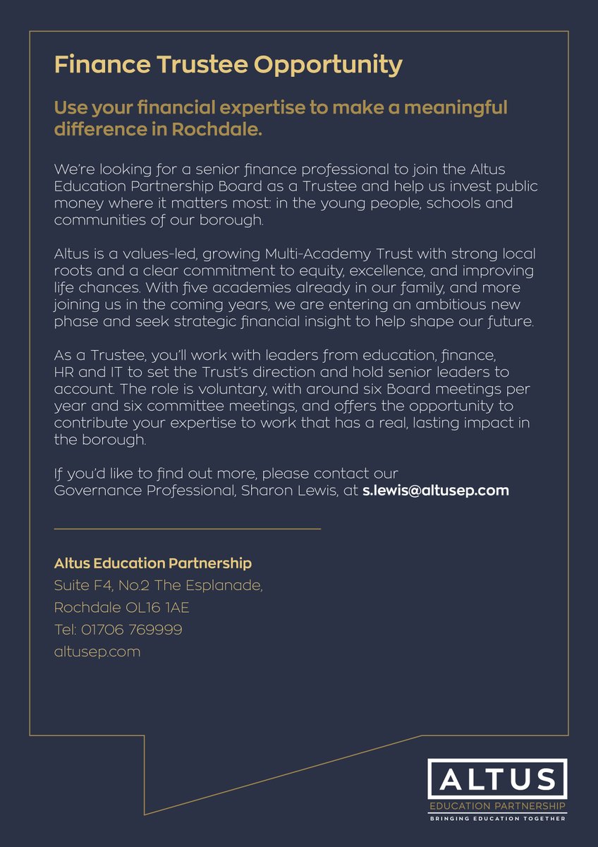 AltusEducation's tweet photo. An amazing opportunity has arisen to join Altus Education Partnership Board of Trustees. Have a look at the below and contact Sharon Lewis, s.lewis@altusep.com if you are interested or want to know more. https://t.co/vsjbvbO91H