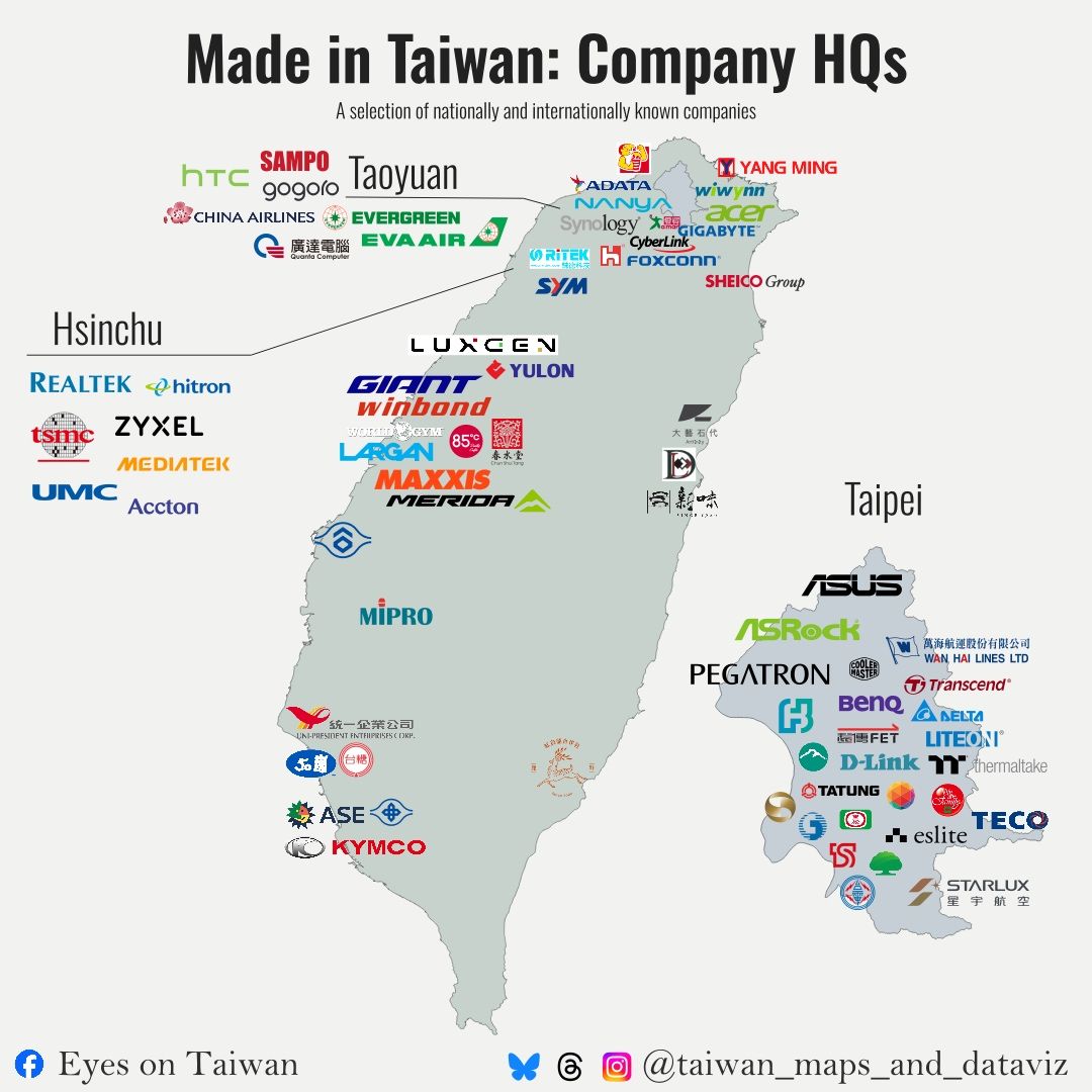 Pretty amazing how many world-class companies that can be found on this small island.

Leading semiconductor and consumer electronic manufacturers, several outstanding aircraft carriers and of course the bicycle factories!