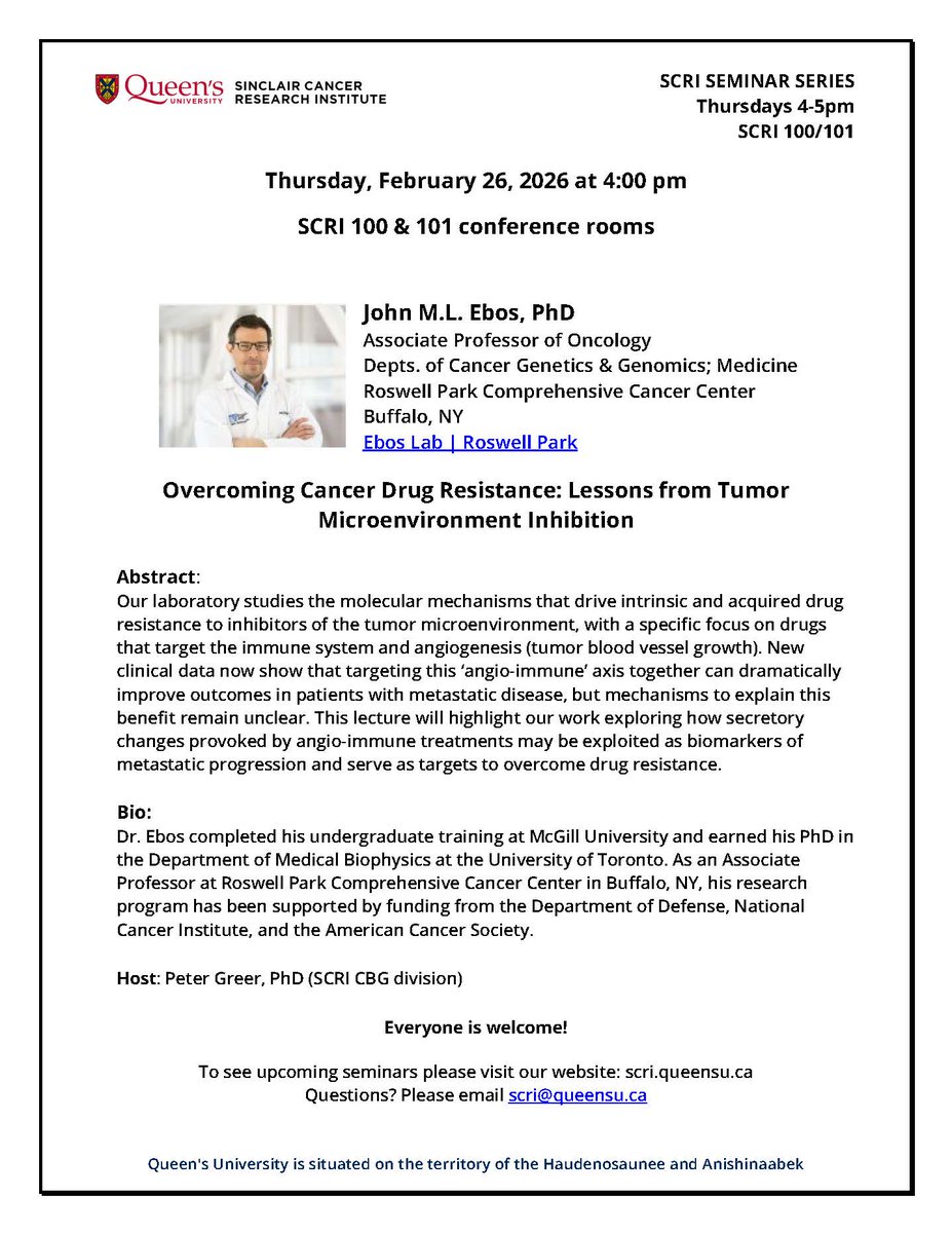 QueensuSCRI's tweet photo. Coming soon: Dr. Ebos @EbosLab from @RoswellPark will be presenting in our @QueensuSCRI seminar series on Feb 26 at 4 PM. Questions? Contact us scri@queensu.ca #ResearchTalk #SeminarAlert
#CancerResearch #CancerDrugResistance https://t.co/8IbN5YpWd3