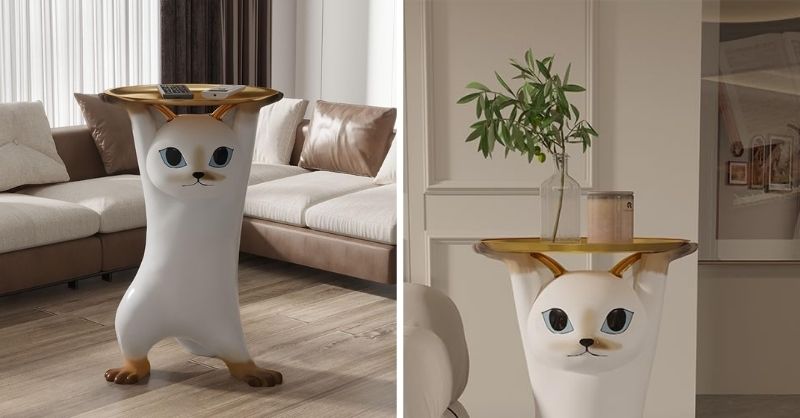 猫の形をしたサイドテーブル🐈上部のトレイが取り外せて実用的
