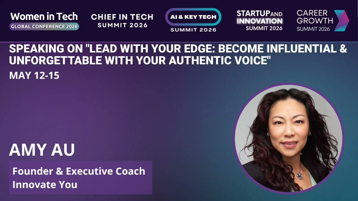 WomenTechNet's tweet image. ⭐🎤 WTGC 2026 Speaker Spotlight

Amy Au — Founder &amp;amp; Executive Coach, Innovate You
 Talk: Lead with Your Edge: Become Influential with Your Authentic Voice

📅 May 12–15, 2026 | 🌍 Virtual
👉 Lead authentically: shop.womentech.net/products/all-a…

#WTGC2026 #AuthenticLeadership