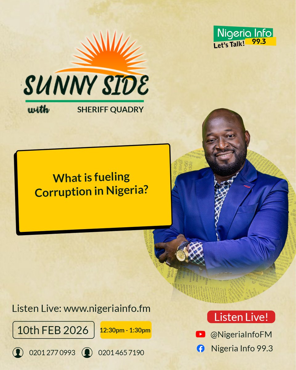 NigeriainfoFM's tweet image. In the News: Transparency International has again ranked Nigeria as the 36th most corrupt country in the world. 

Now on Open Thought on the #SunnySide, @SheriffQuadry asks:
📌 What is fueling corruption in Nigeria? 

Join the conversation... #LetsTalk 

#NigeriaInfoSS
