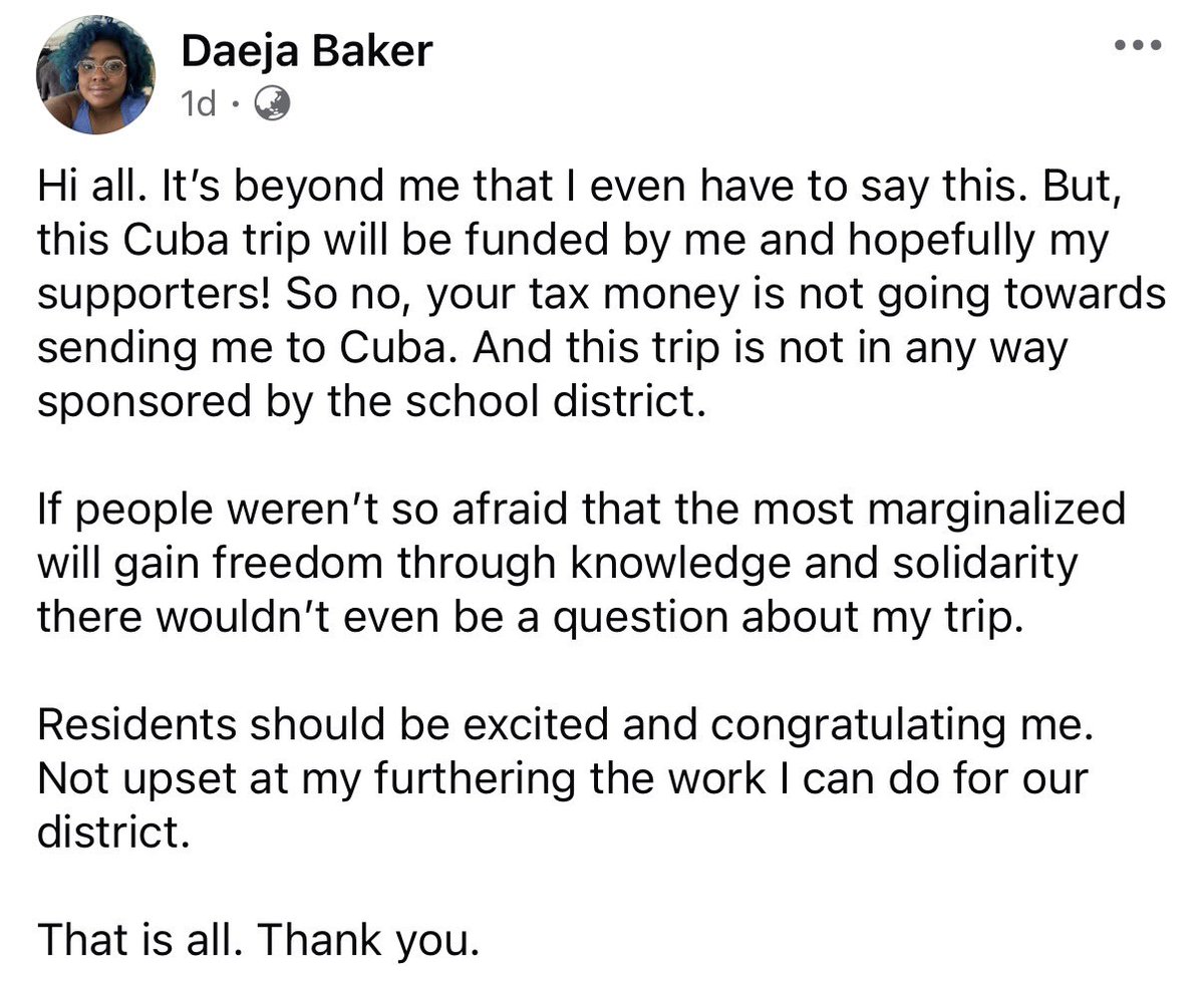Daeja is fuming that people are questioning her trip to Cuba and is now demanding you be exited for her and congratulate her that she gets to go to Cuba to learn about lgbtq inclusion

This is who’s in charge of your kids’ education