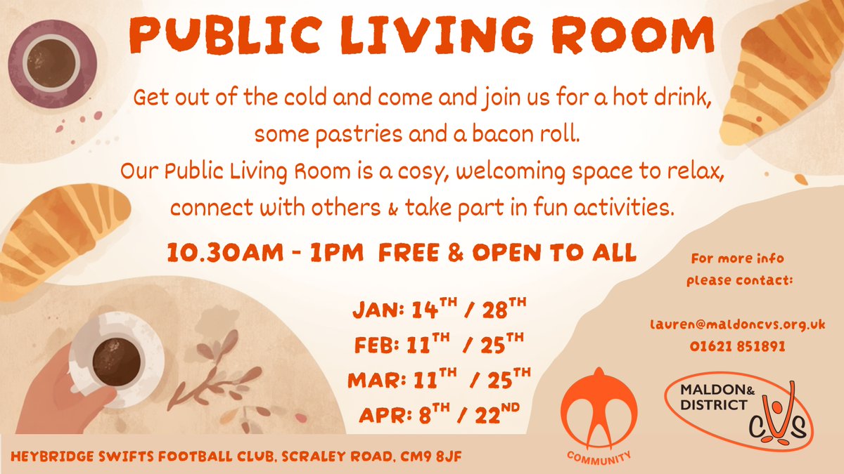 HSFCevents's tweet photo. Our Public Living Room is on tomorrow‼️

Join us for our FREE Public Living Room at Heybridge Swifts FC! 

A warm community space to relax, chat, meet new people and enjoy a cuppa and a bacon/veg sarnie.   

10:30am-1pm and everyone is welcome! https://t.co/RPQ7RErEnu